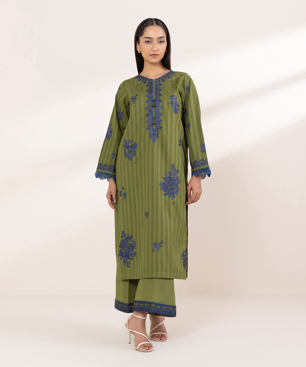 Women's RTW Dobby Green Embroidered A-Line Shirt