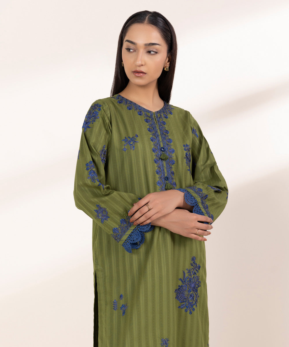 Women's RTW Dobby Green Embroidered A-Line Shirt