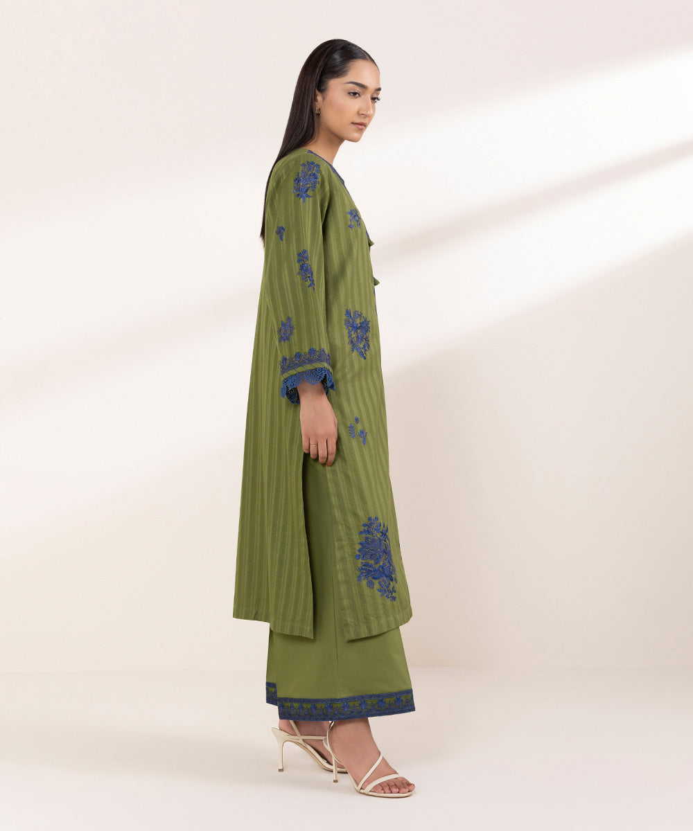Women's RTW Dobby Green Embroidered A-Line Shirt