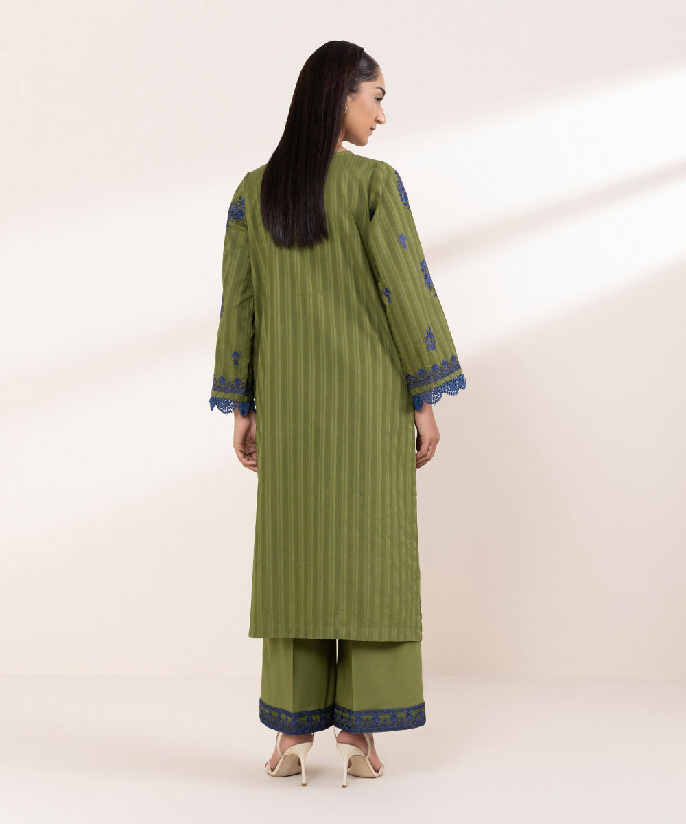 Women's RTW Dobby Green Embroidered A-Line Shirt