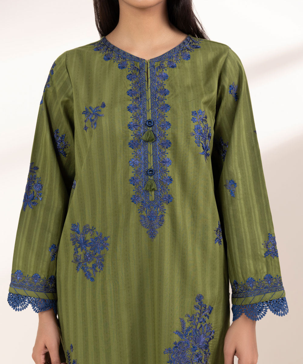 Women's RTW Dobby Green Embroidered A-Line Shirt
