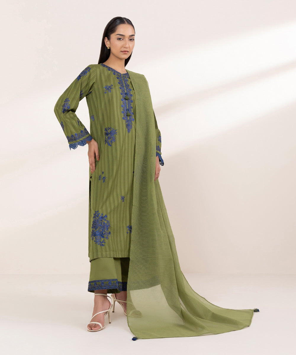 Women's RTW Dobby Green Embroidered A-Line Shirt