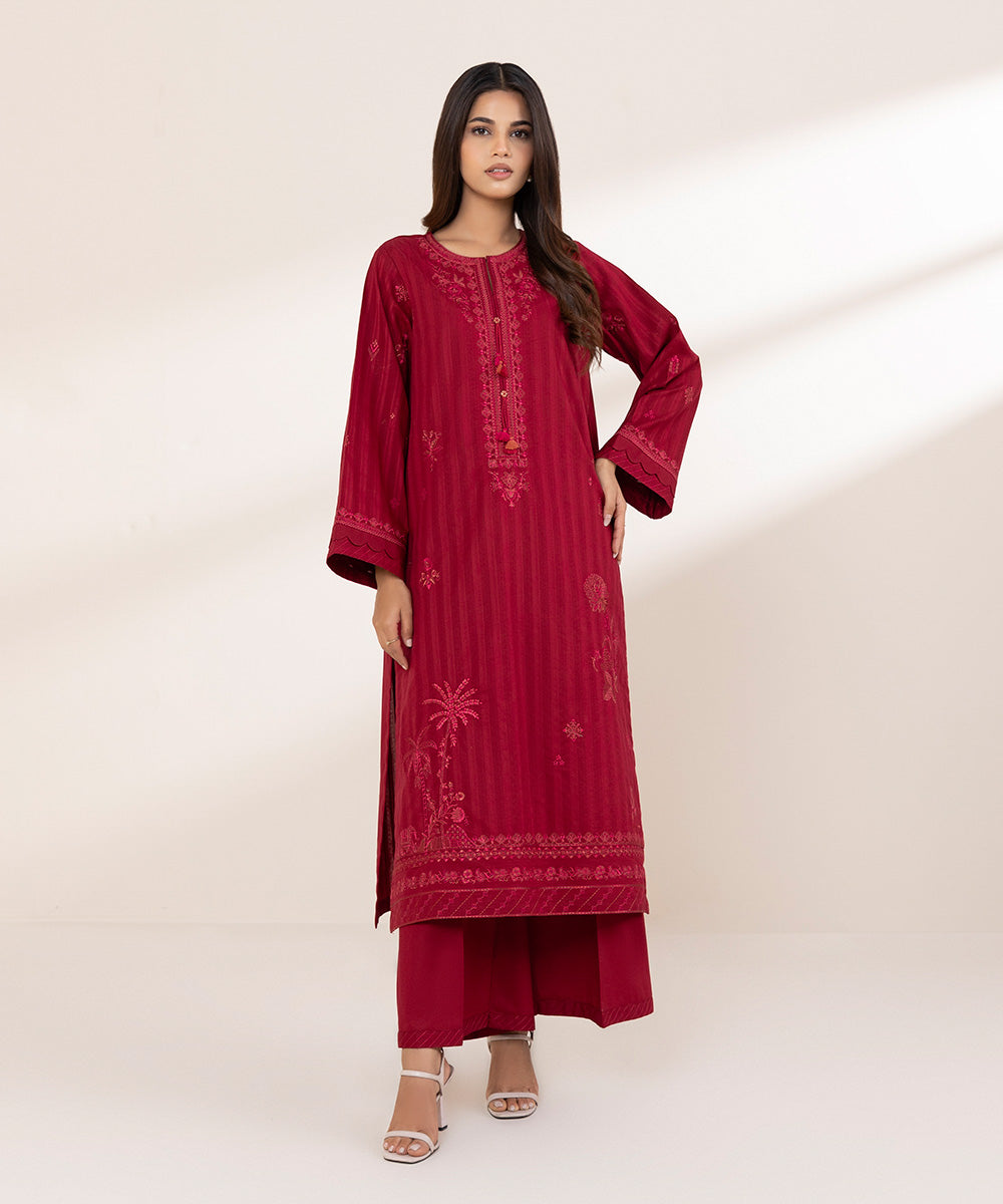 Women's RTW Dobby Red Embroidered A-Line Shirt