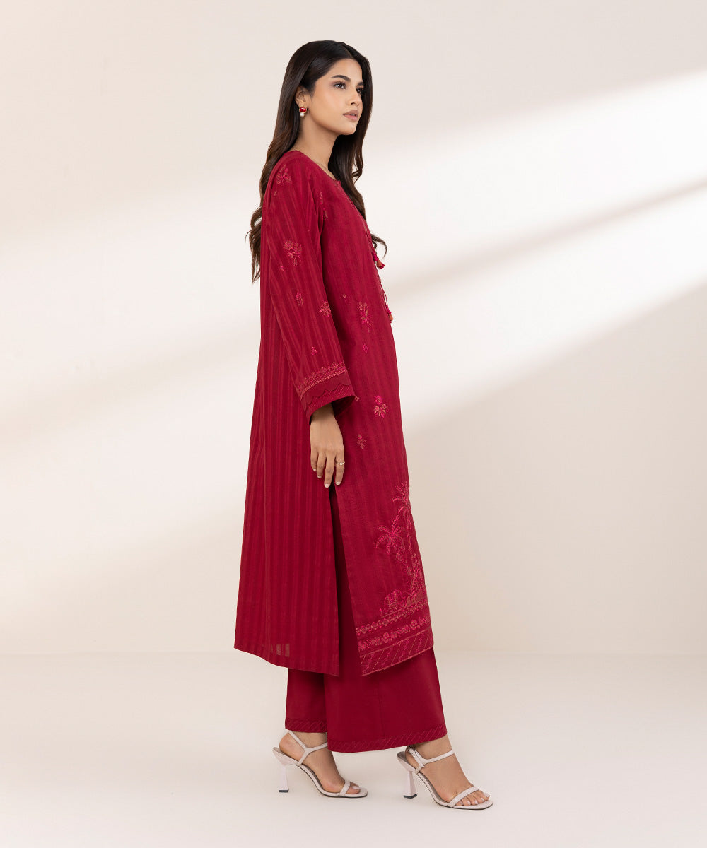 Women's RTW Dobby Red Embroidered A-Line Shirt