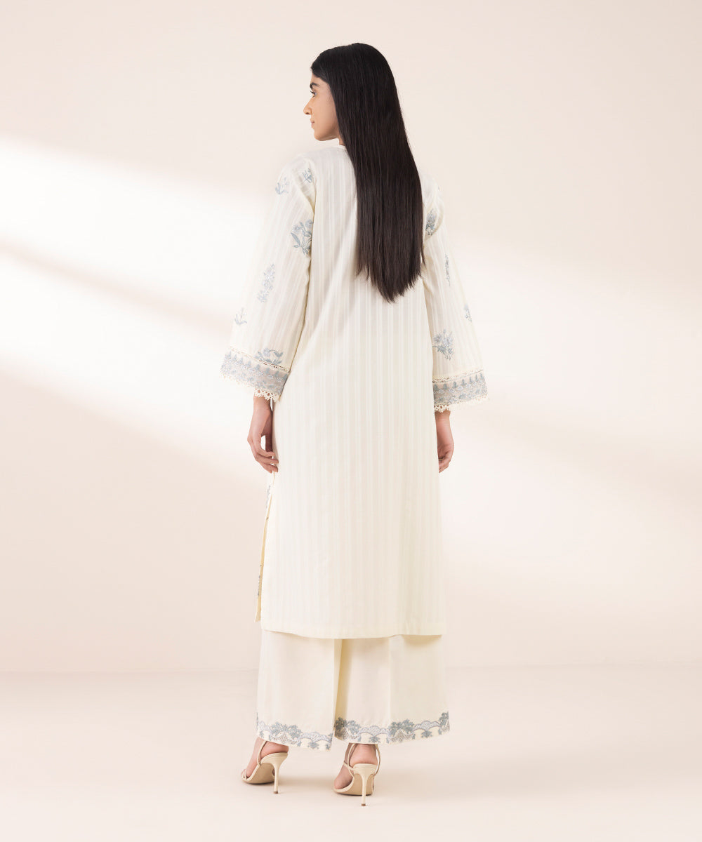 Women's RTW Dobby Beige Embroidered A-Line Shirt