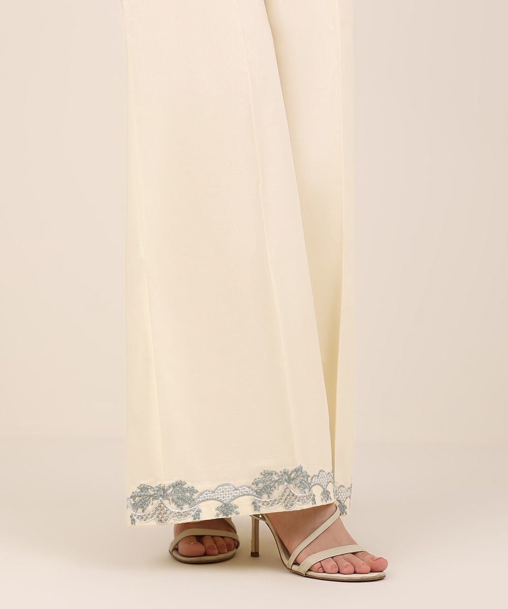 Women's RTW Cambric Beige Embroidered Flared Pants