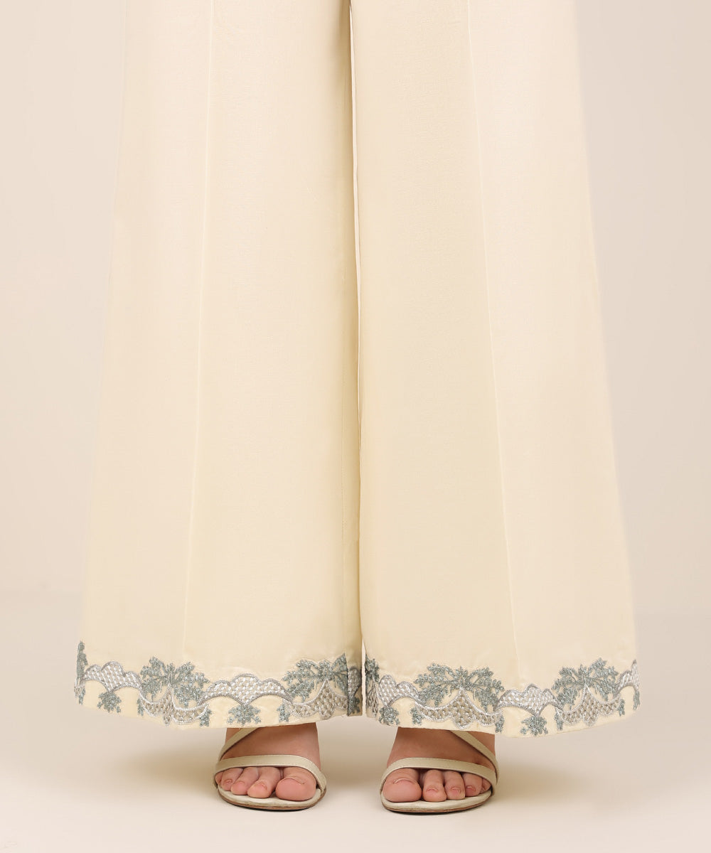 Women's RTW Cambric Beige Embroidered Flared Pants