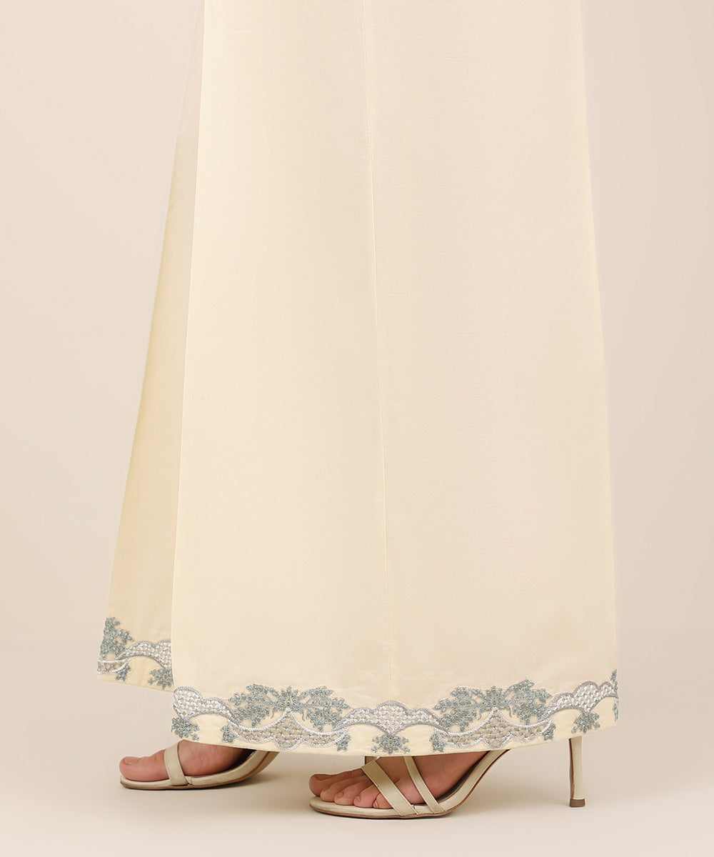 Women's RTW Cambric Beige Embroidered Flared Pants