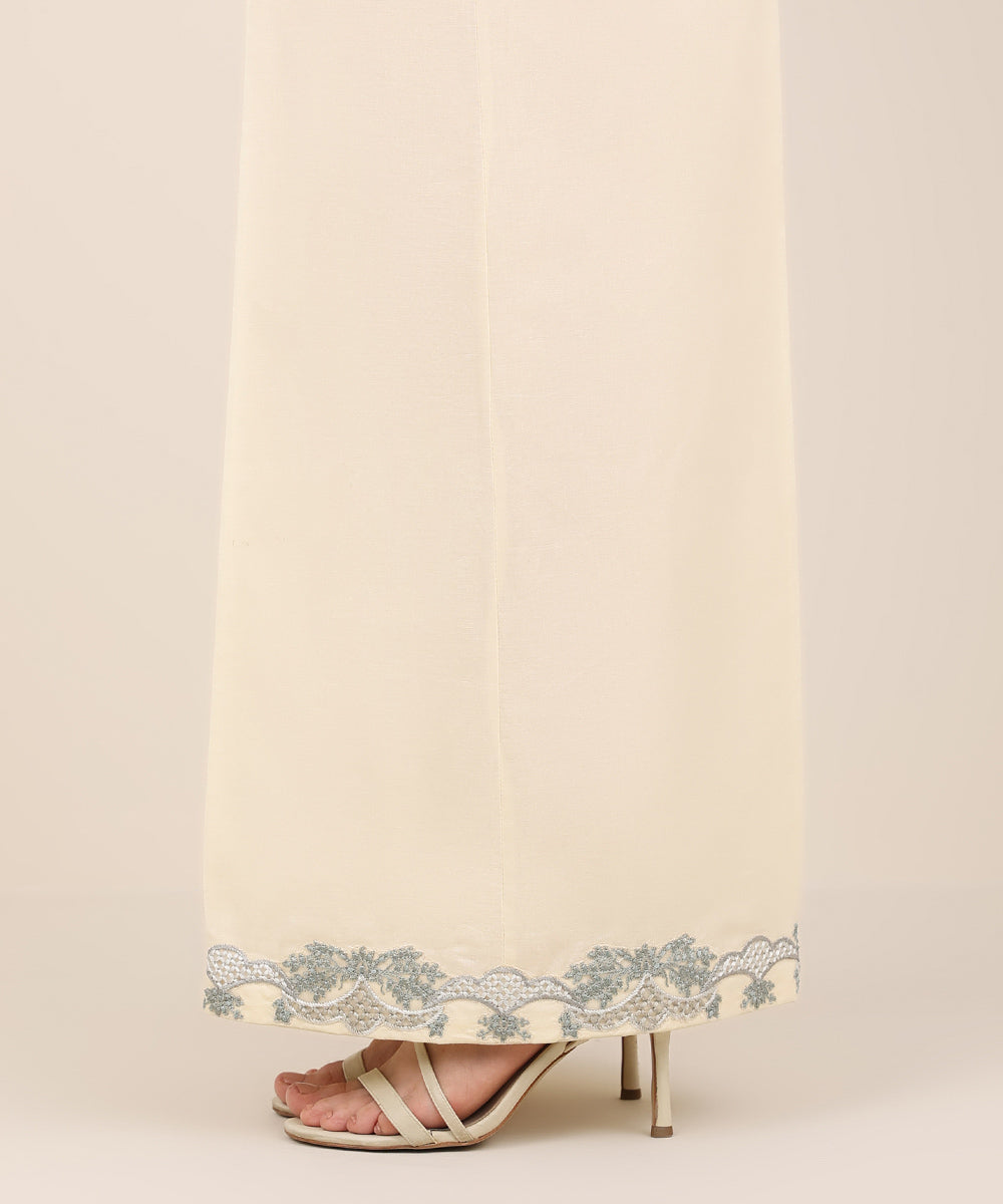 Women's RTW Cambric Beige Embroidered Flared Pants
