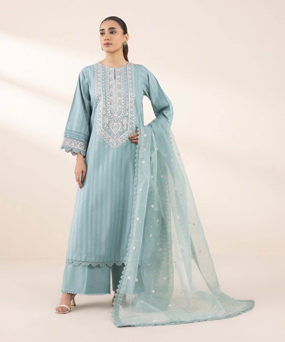 Blended Organza Blue Embroidered Dupatta