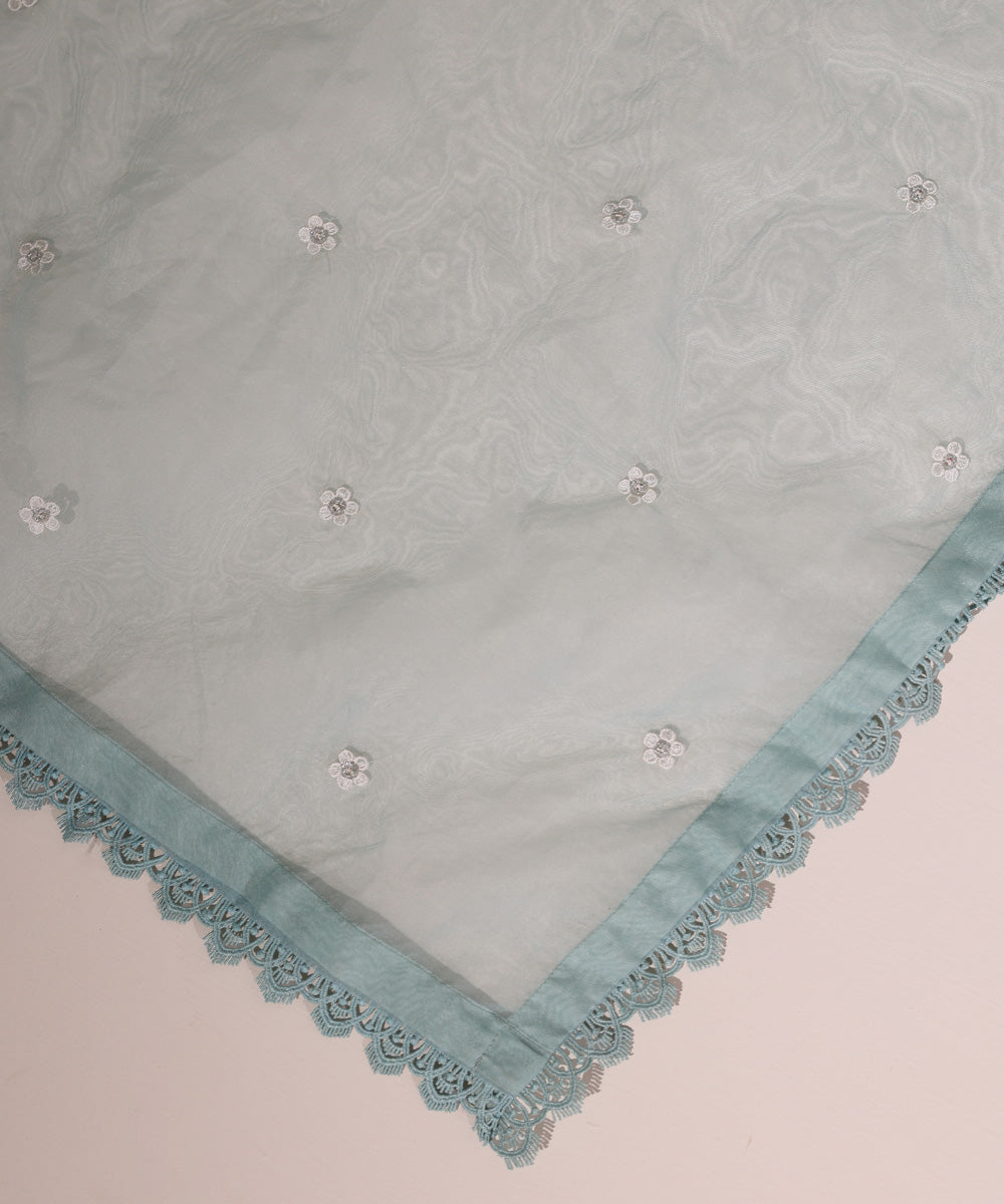 Blended Organza Blue Embroidered Dupatta