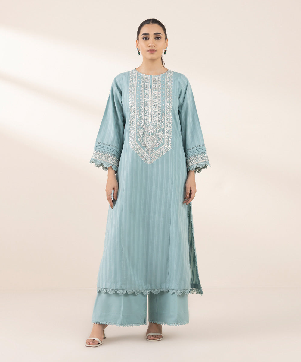 Women's RTW Dobby Blue Embroidered A-Line Shirt
