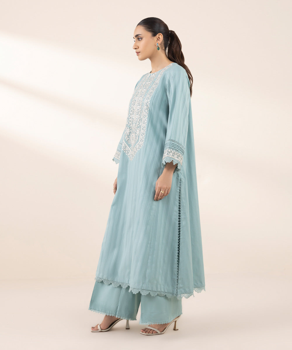 Women's RTW Dobby Blue Embroidered A-Line Shirt