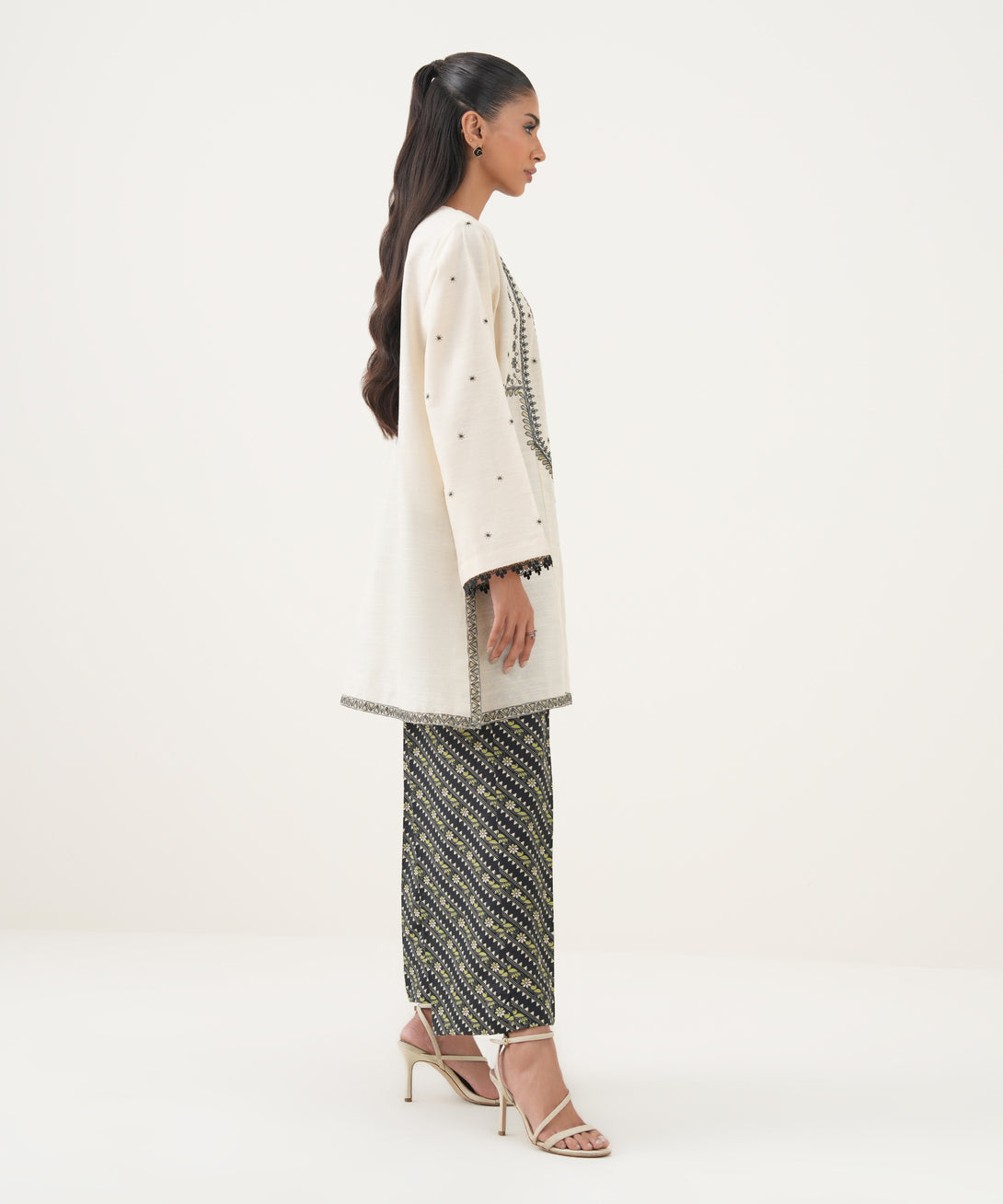 Women's RTW Cotton Embroidered A-Line Off White Shirt