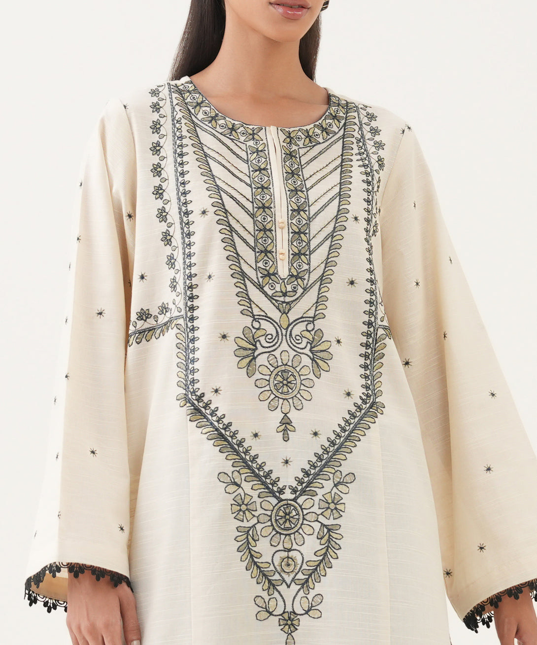 Women's RTW Cotton Embroidered A-Line Off White Shirt