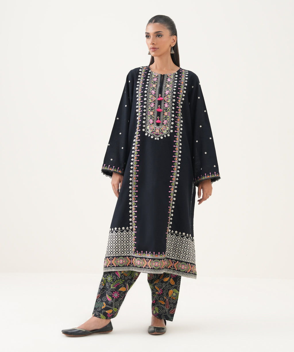 Women's RTW Cotton Embroidered A-Line Black Shirt