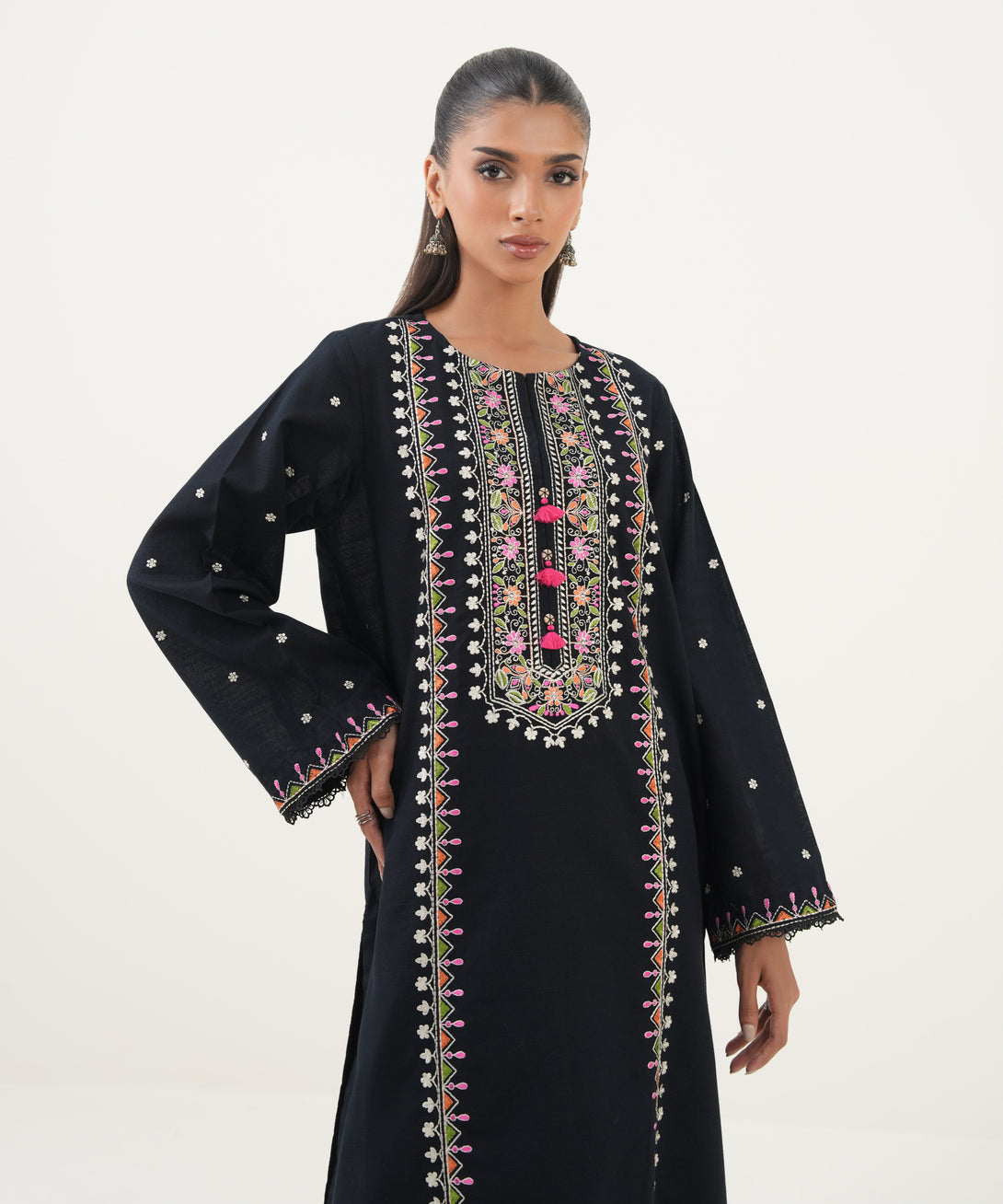 Women's RTW Cotton Embroidered A-Line Black Shirt