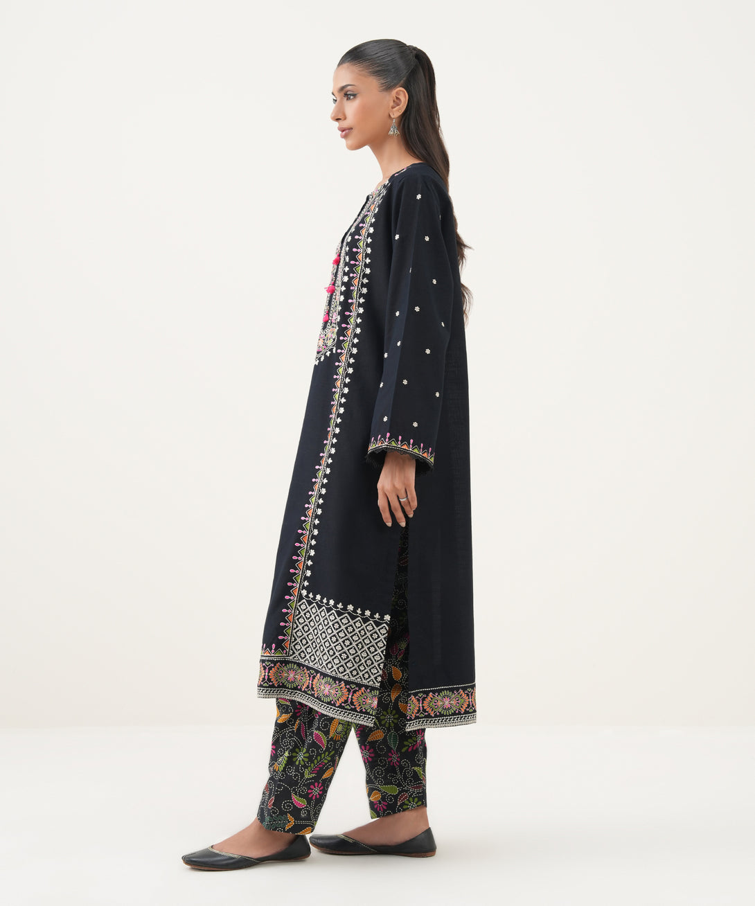 Women's RTW Cotton Embroidered A-Line Black Shirt