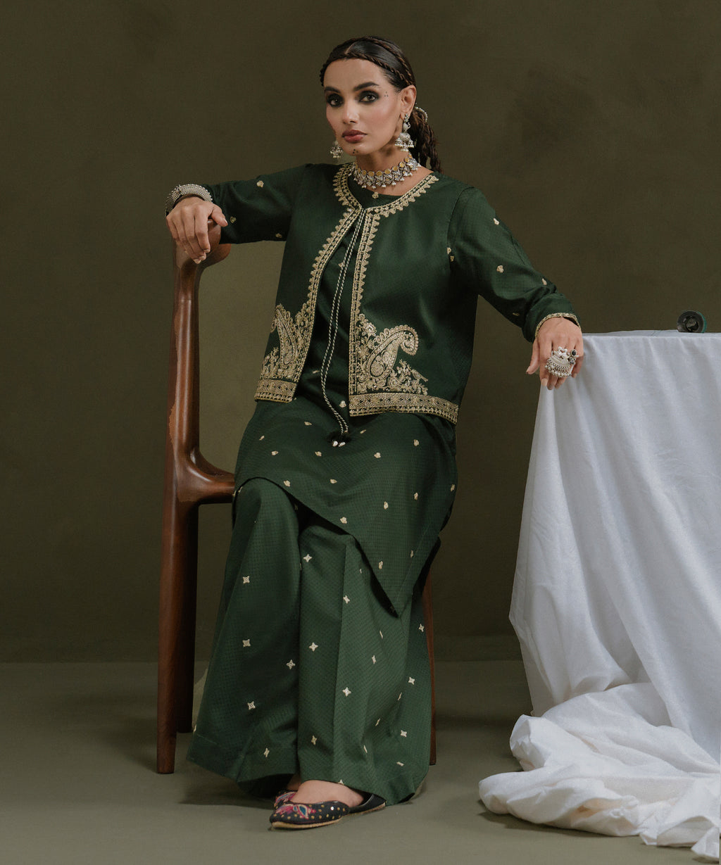 Women's RTW Textured Cotton Green Embroidered Trousers