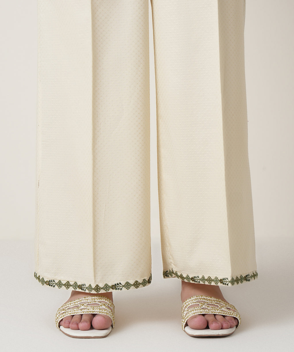 Women's RTW Textured Cotton Off White Embroidered Trousers