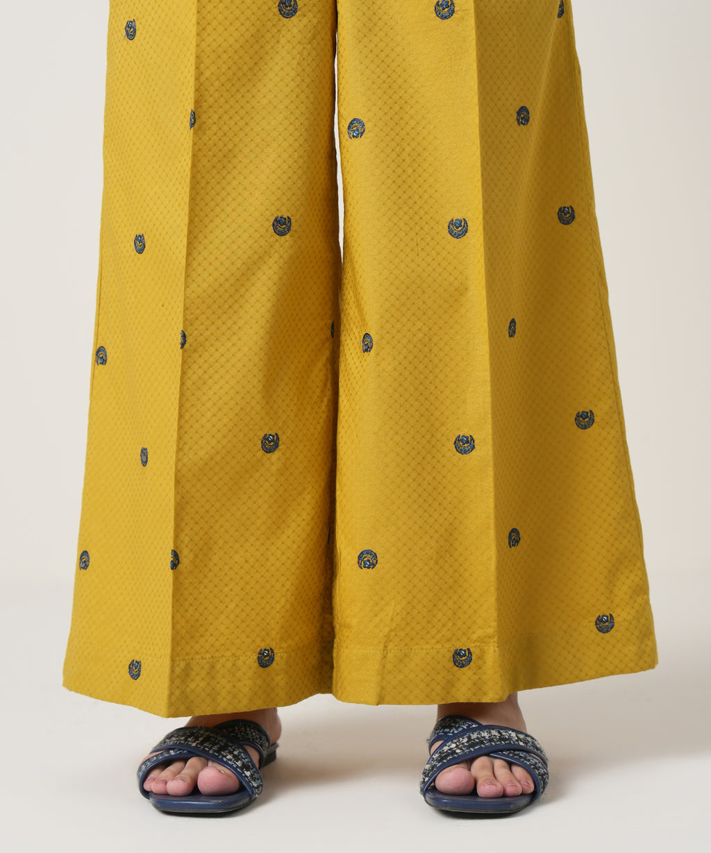 Women's RTW Textured Cotton Yellow Embroidered Trousers