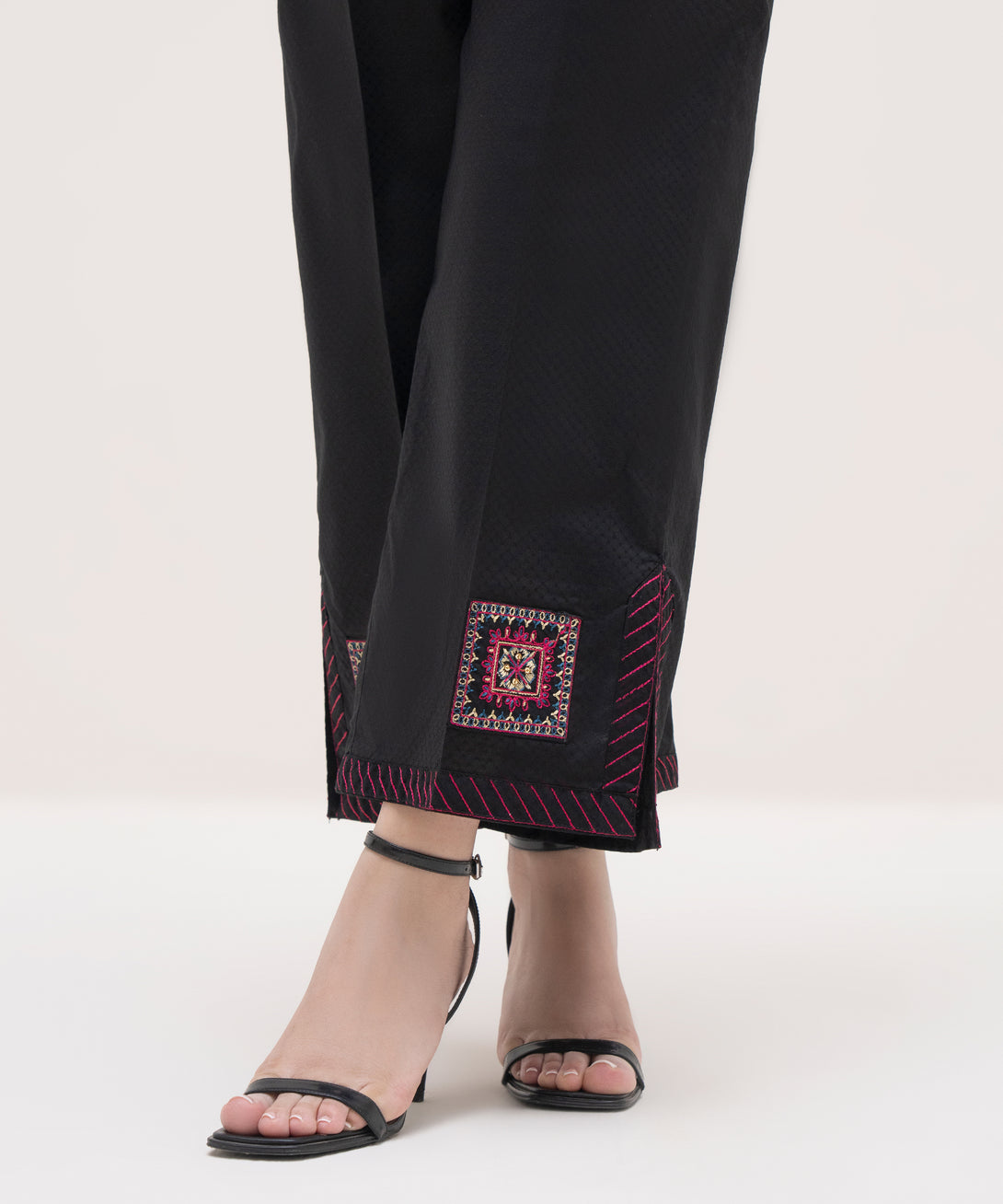Women's RTW Textured Lawn Black Embroidered Culottes