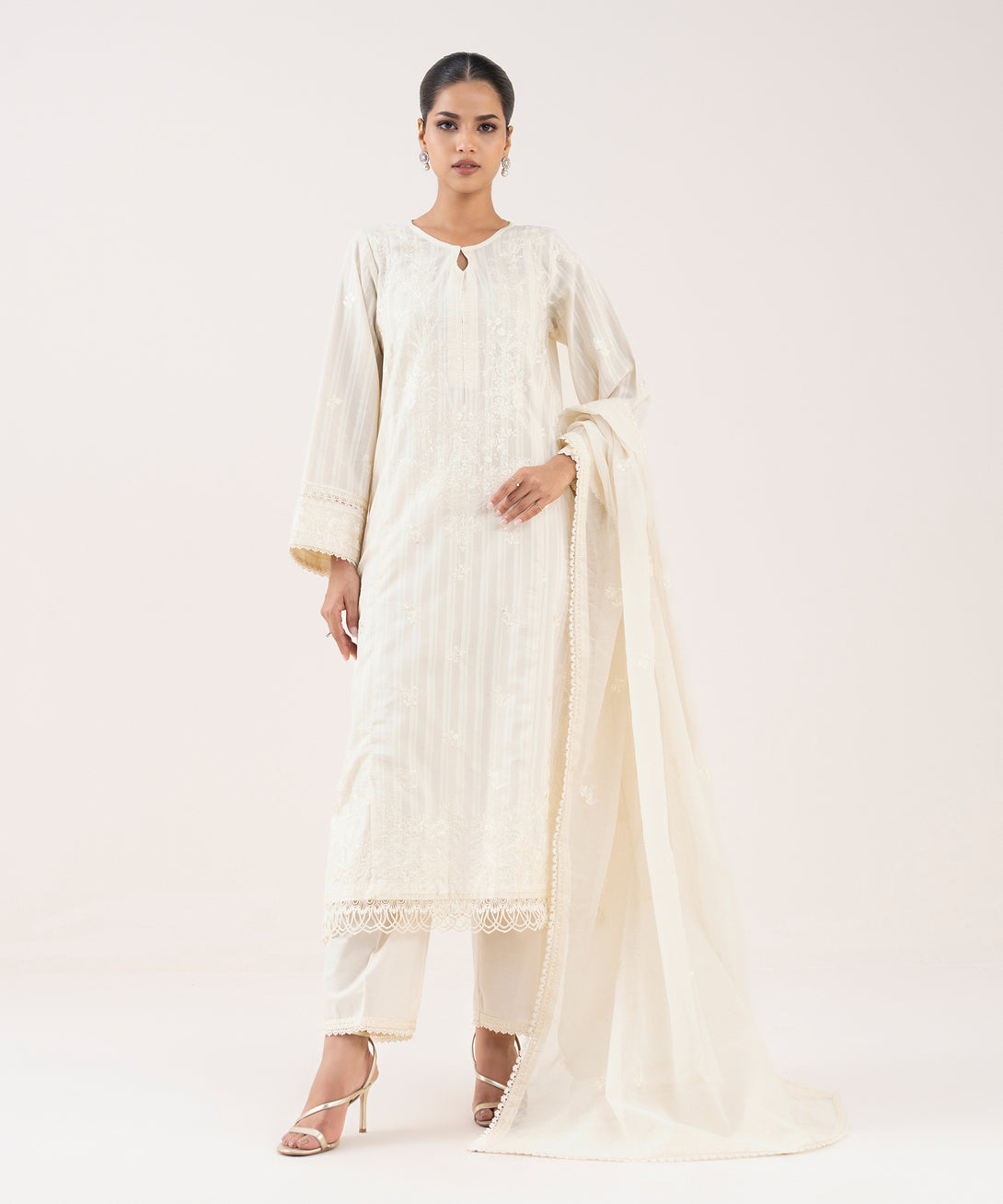 Blended Textured Karandi Off White Embroidered Dupatta