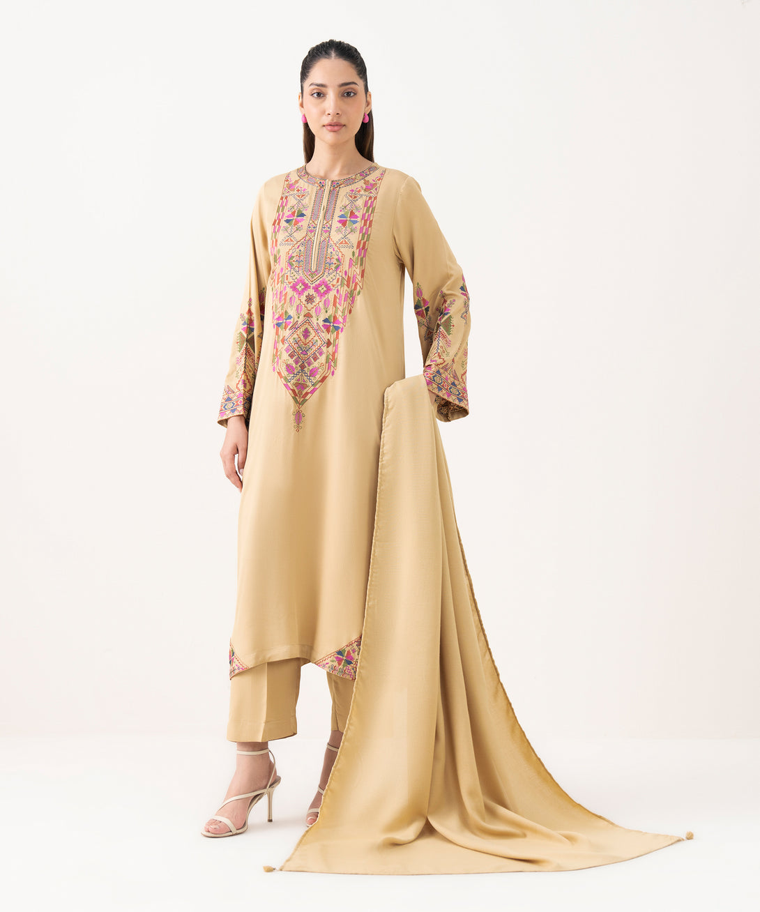 Beige Solid Blended Shawl
