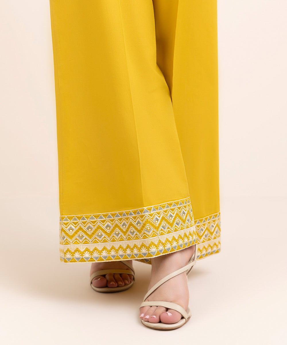 Women's Pret Cambric Yellow Embroidered Flared Pants