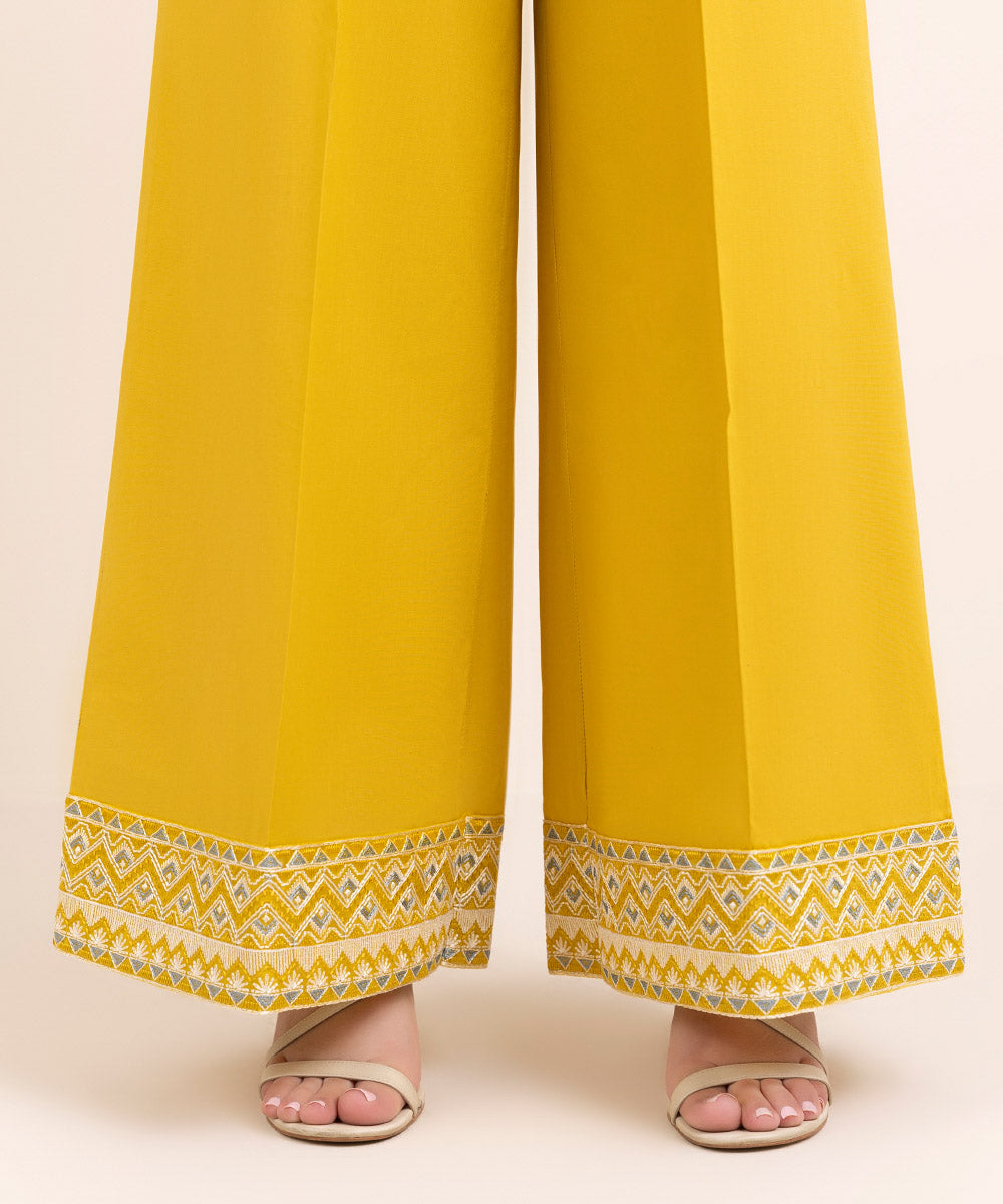 Women's Pret Cambric Yellow Embroidered Flared Pants