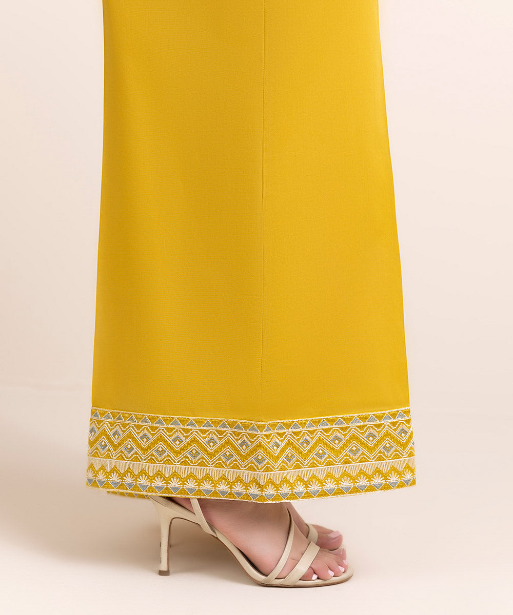 Women's Pret Cambric Yellow Embroidered Flared Pants