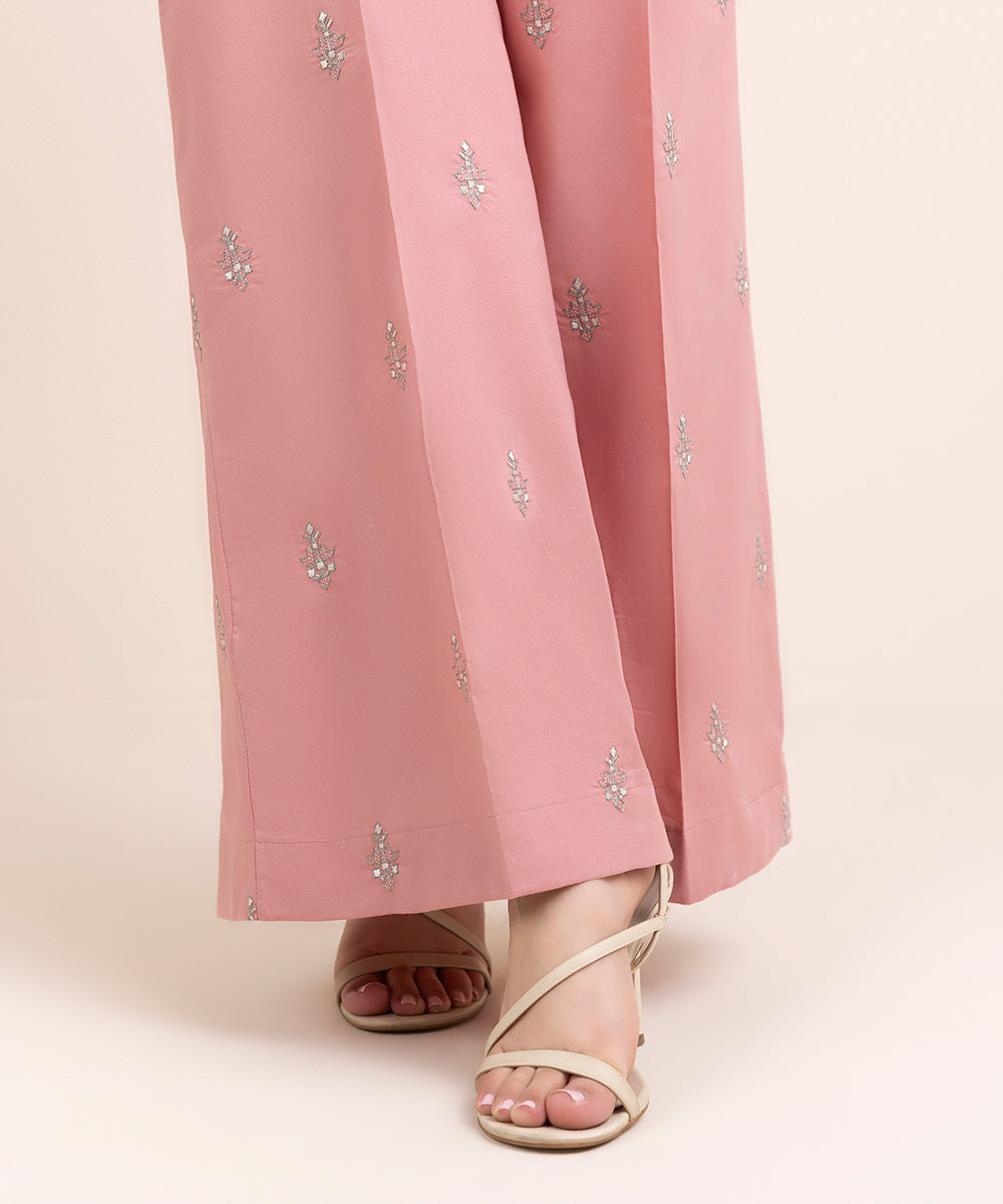 Women's Pret Cambric Pink Embroidered Flared Pants