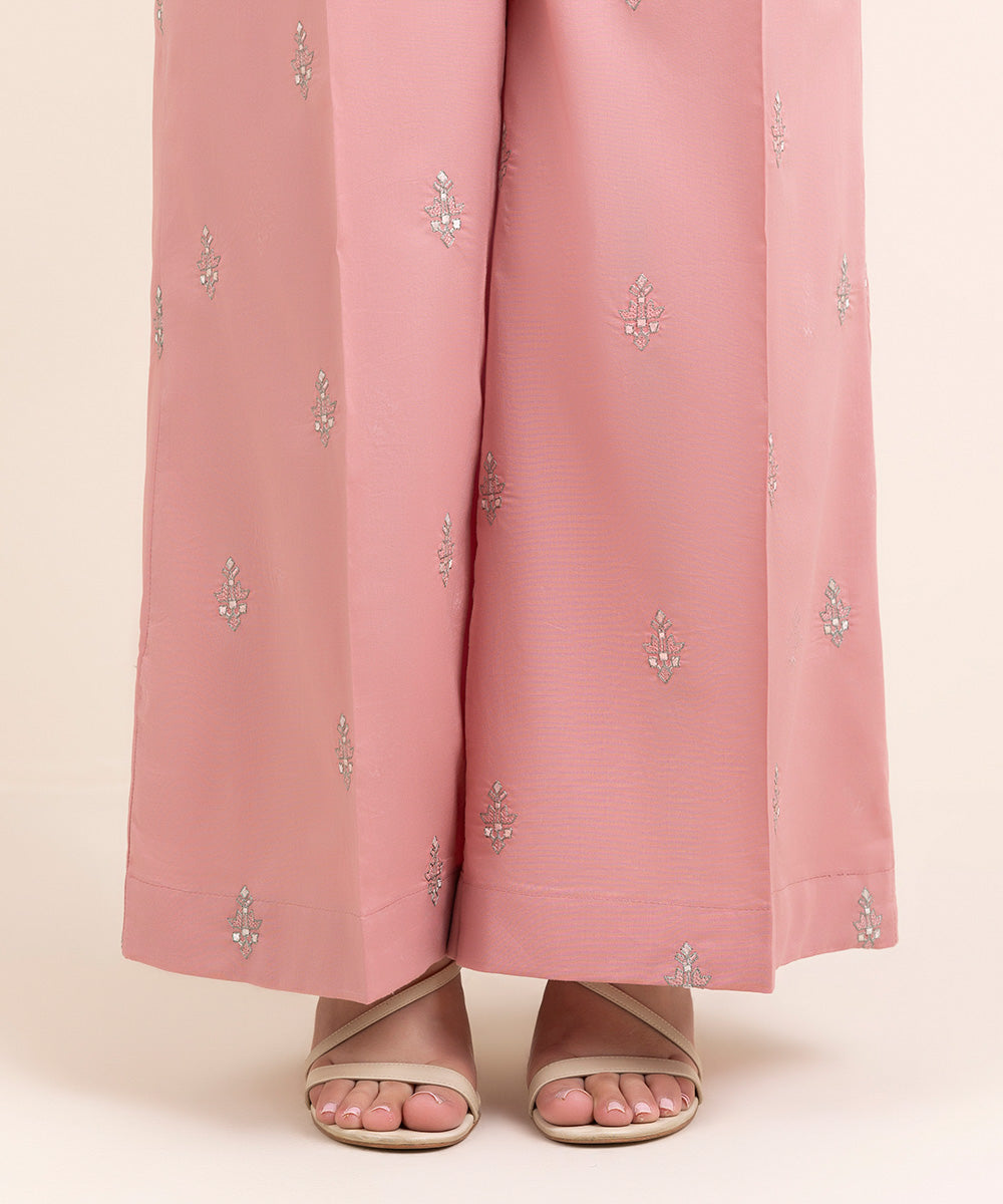 Women's Pret Cambric Pink Embroidered Flared Pants