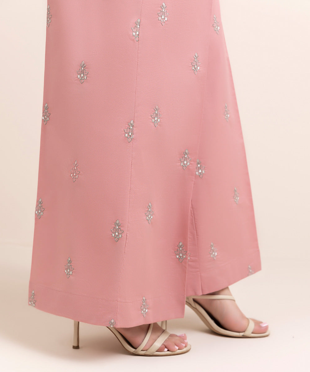 Women's Pret Cambric Pink Embroidered Flared Pants