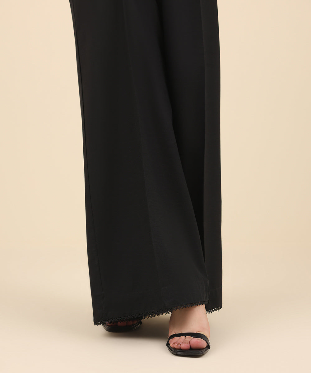 Women's Pret Raw Silk Black Solid Flared Pants