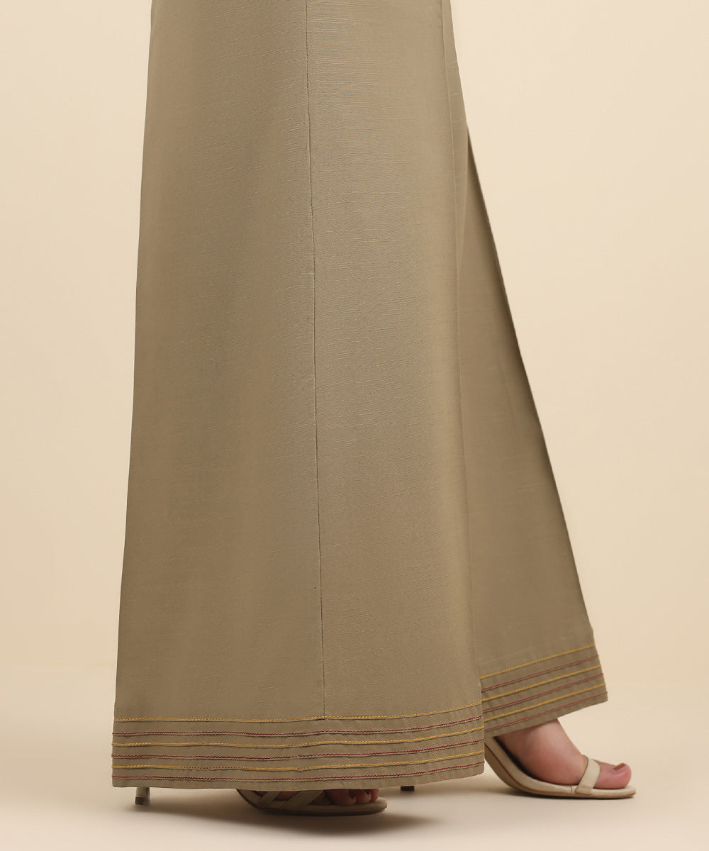 Women's Pret Raw Silk Brown Solid Flared Pants