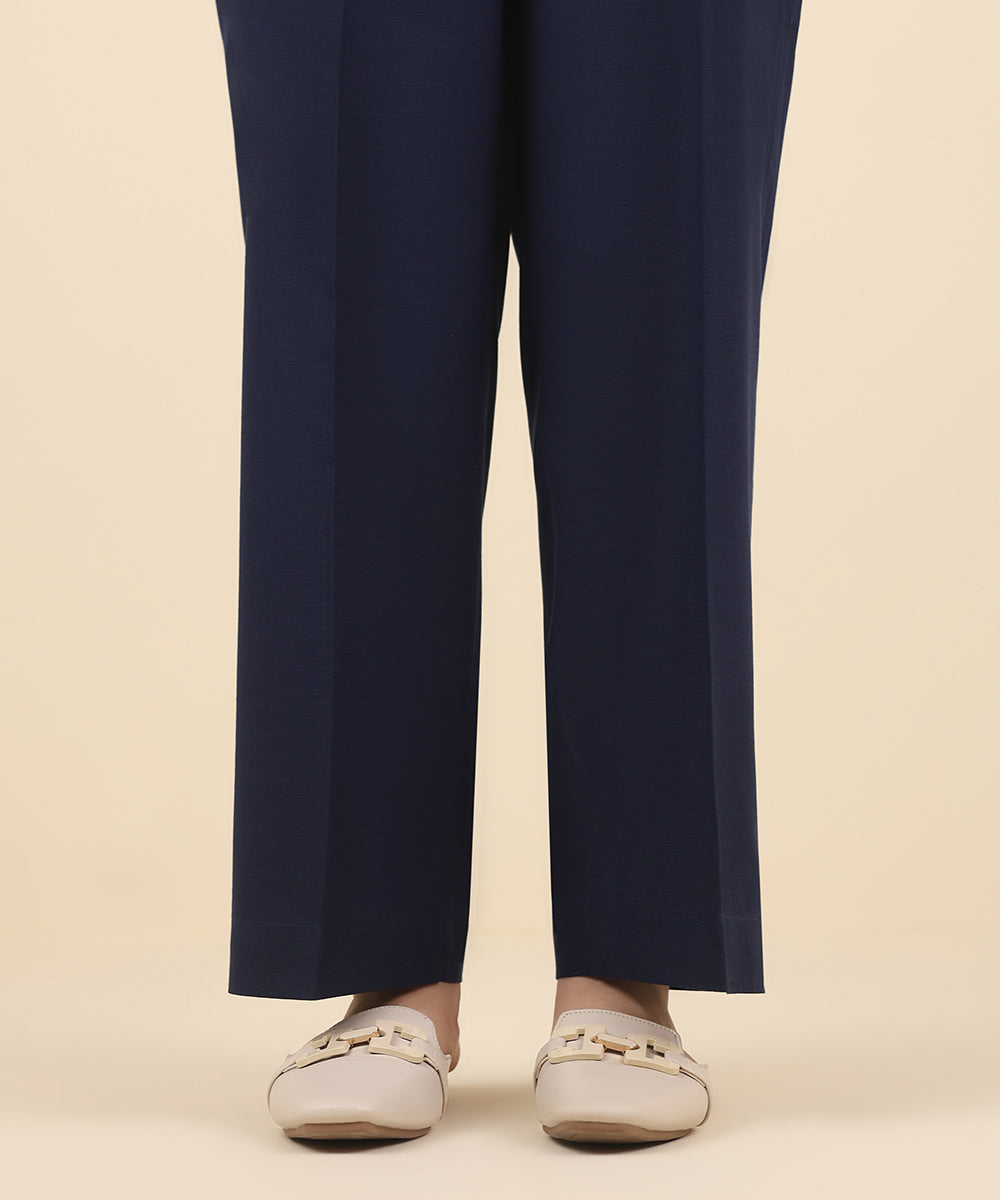 Women's Pret Raw Silk Blue Solid Straight Pants