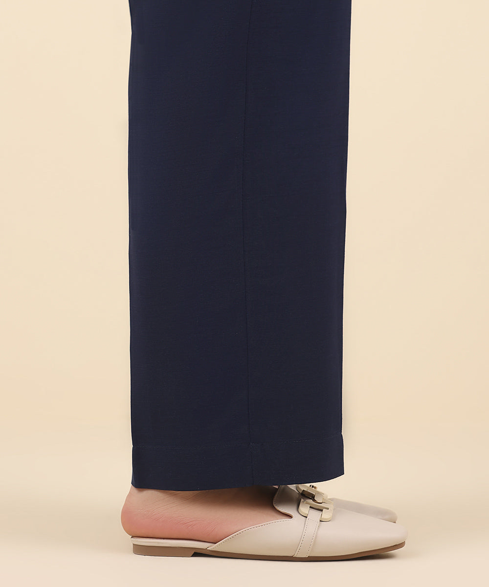 Women's Pret Raw Silk Blue Solid Straight Pants