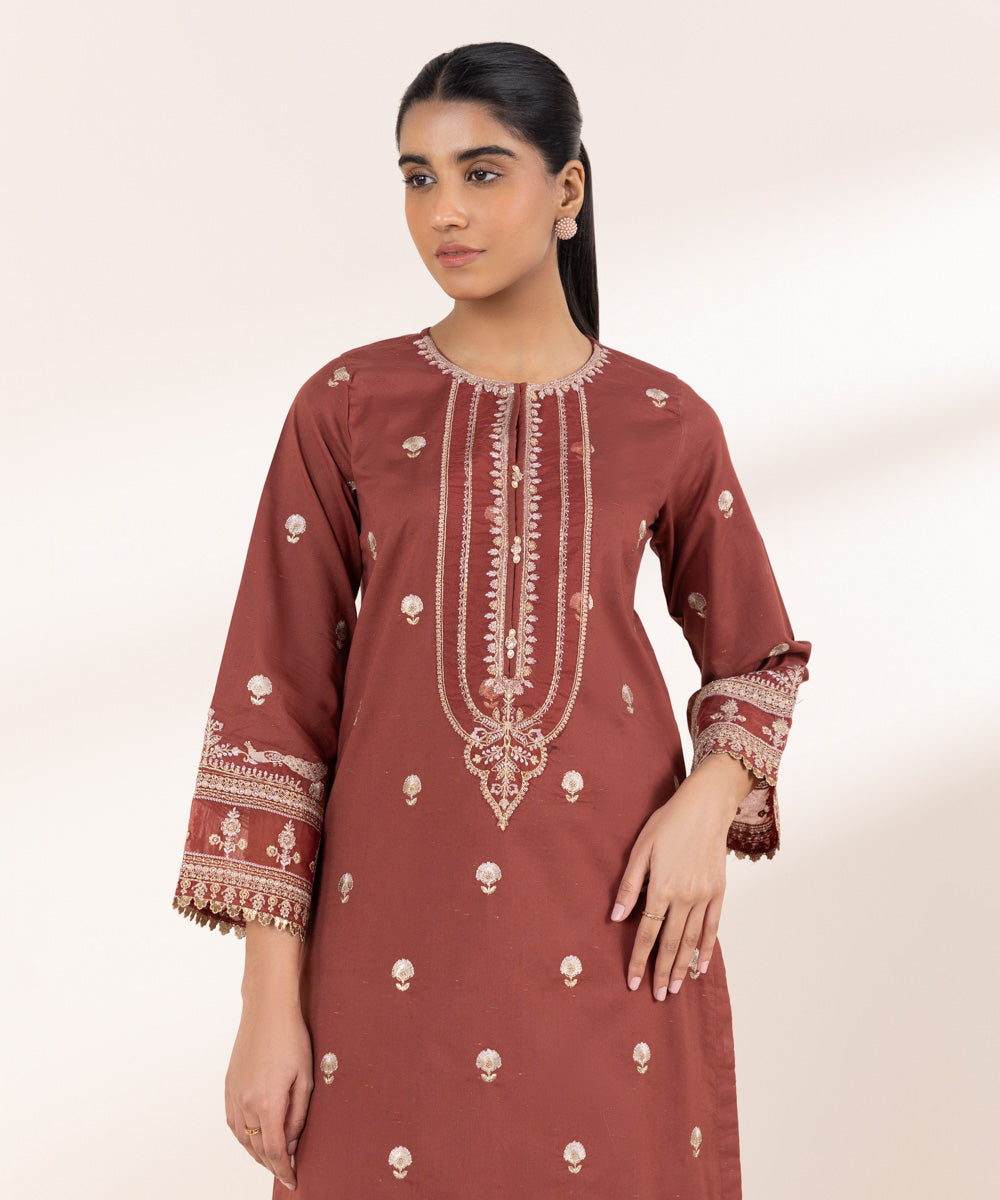 Women's Pret Cross Hatch Brown Embroidered A-Line Shirt