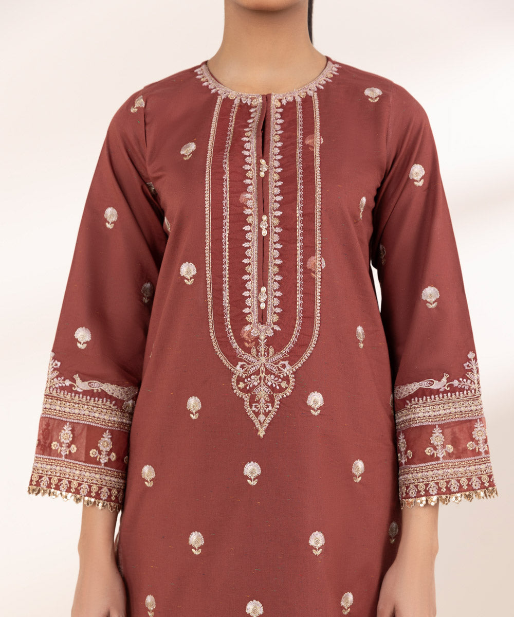 Women's Pret Cross Hatch Brown Embroidered A-Line Shirt