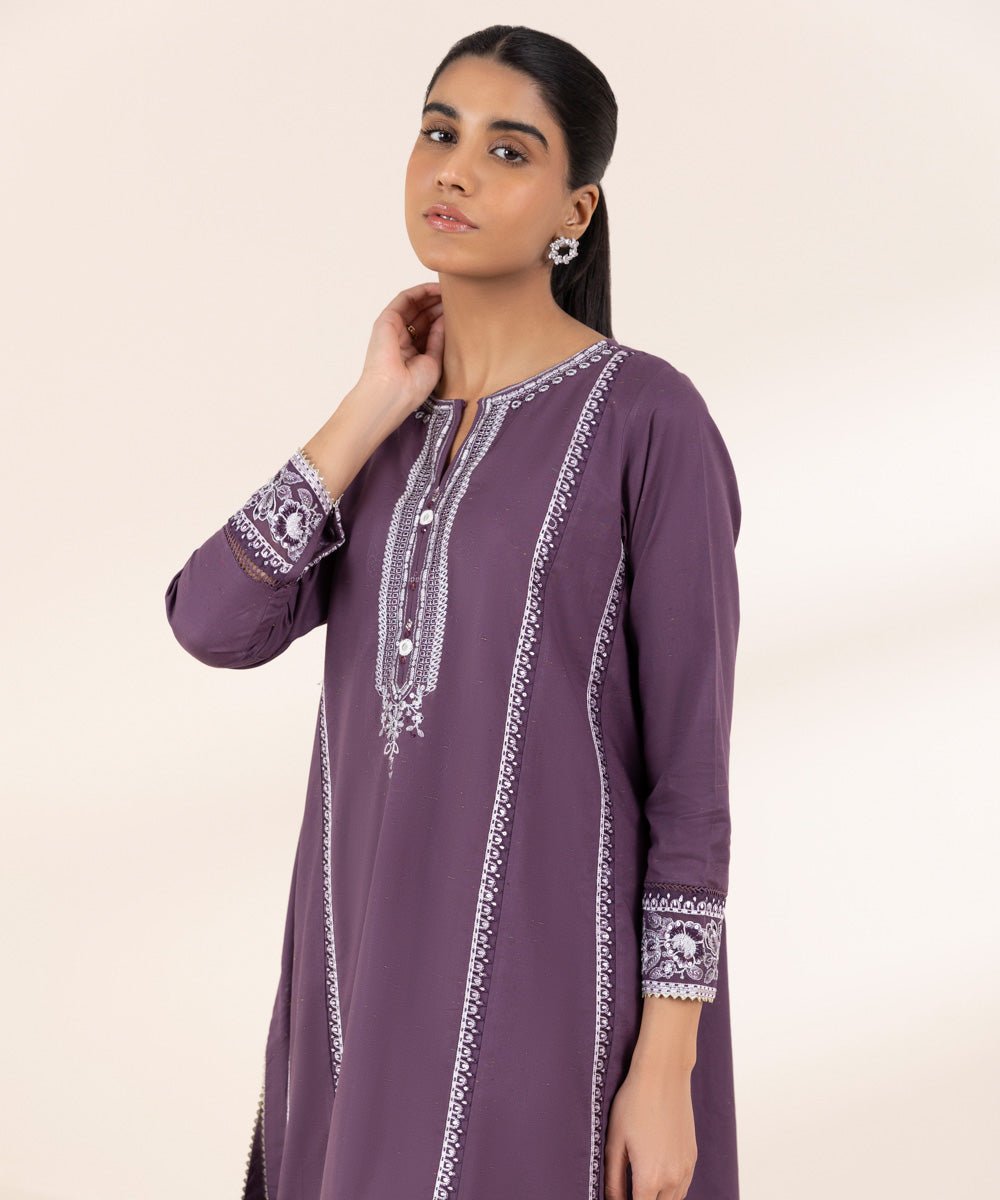 Women's Pret Cross Hatch Purple Embroidered A-Line Shirt