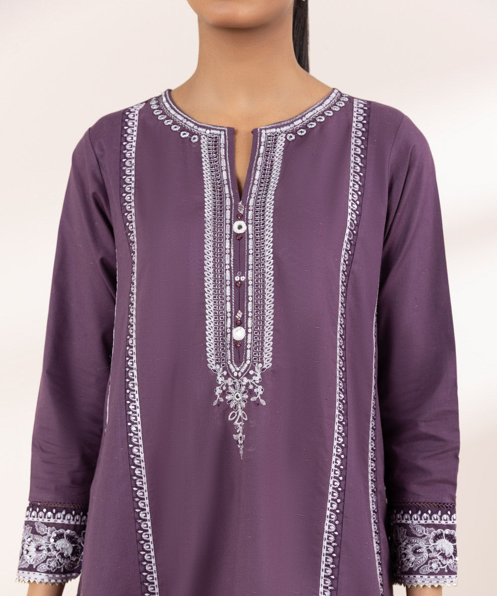 Women's Pret Cross Hatch Purple Embroidered A-Line Shirt