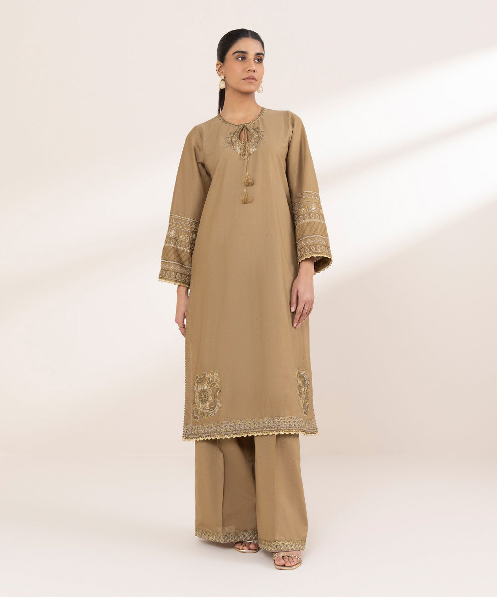 Women's Pret Cross Hatch Brown Embroidered A-Line Shirt