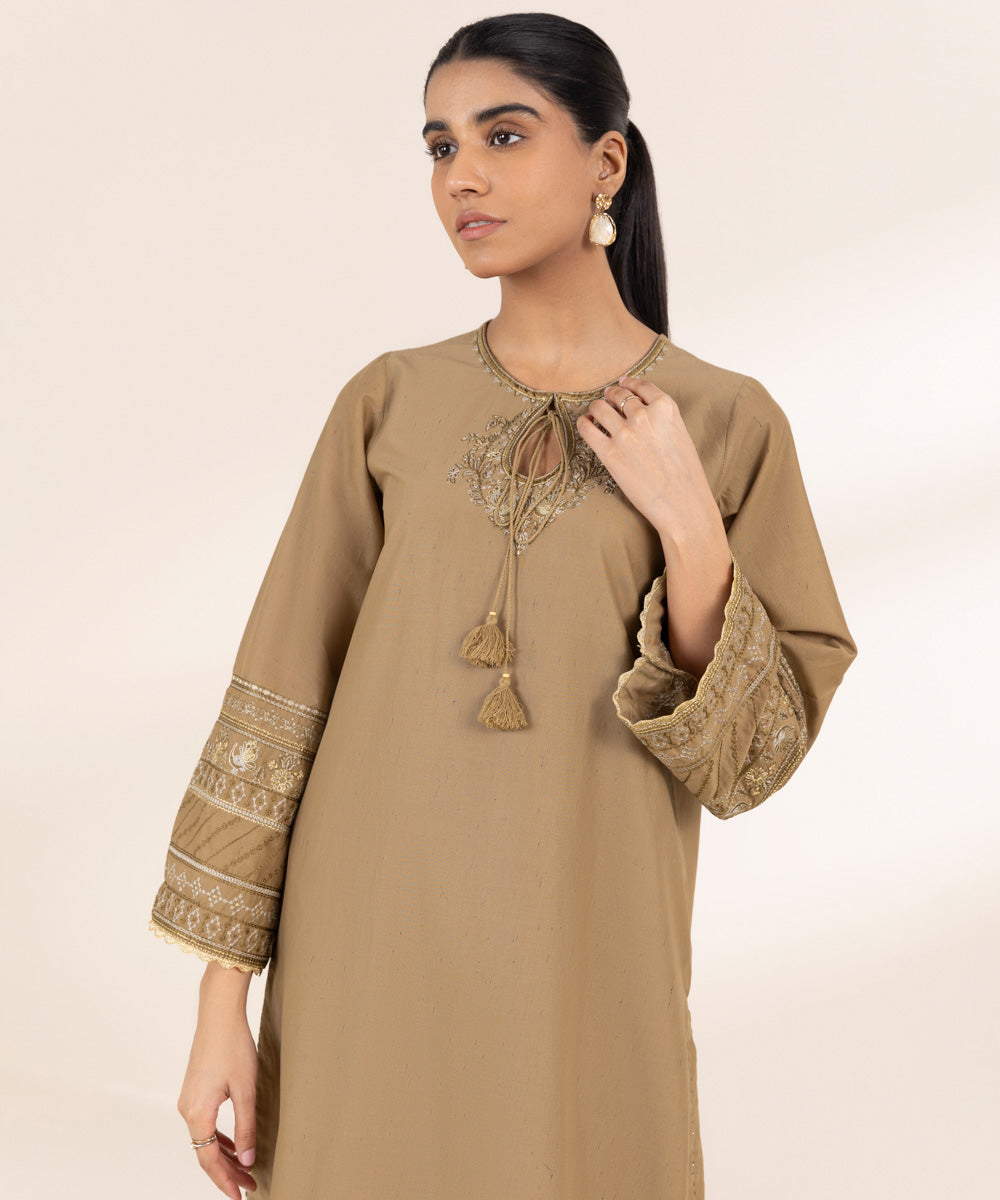 Women's Pret Cross Hatch Brown Embroidered A-Line Shirt