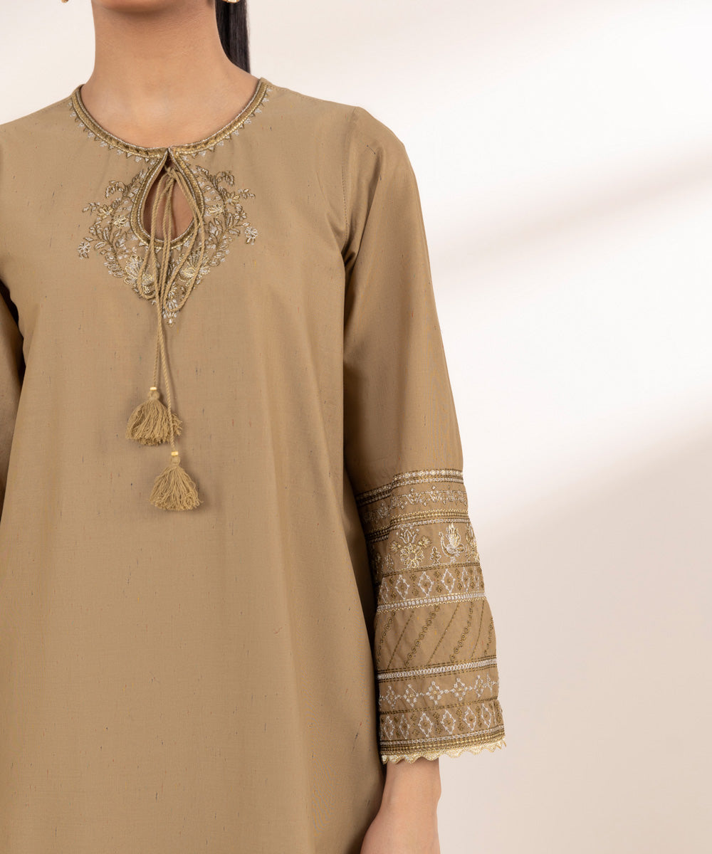 Women's Pret Cross Hatch Brown Embroidered A-Line Shirt