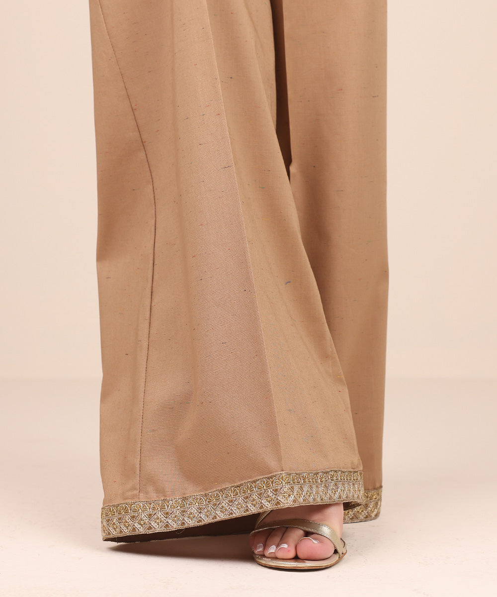 Women's Pret Multi Neps Brown Embroidered Flared Pants