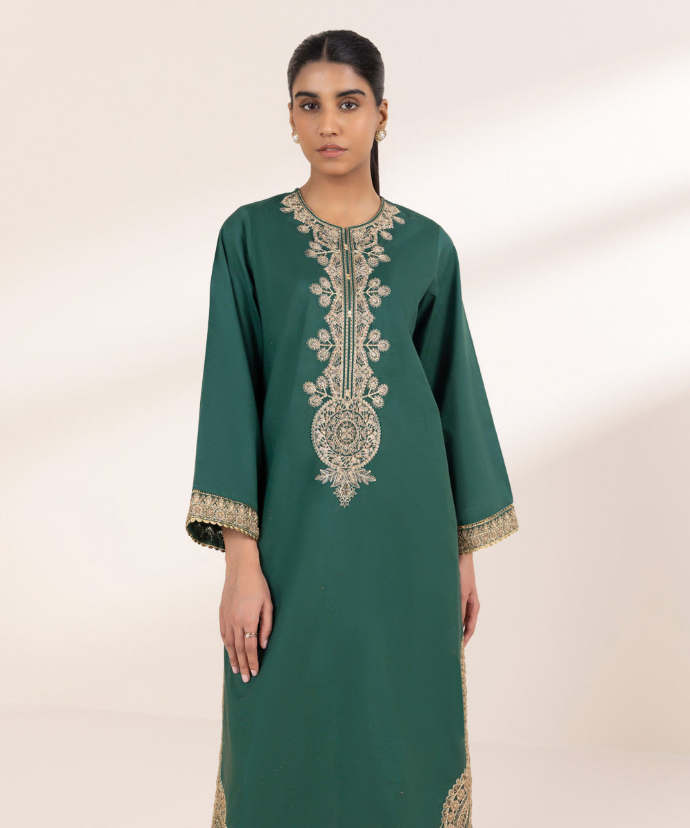 Women's Pret Cross Hatch Green Embroidered A-Line Shirt