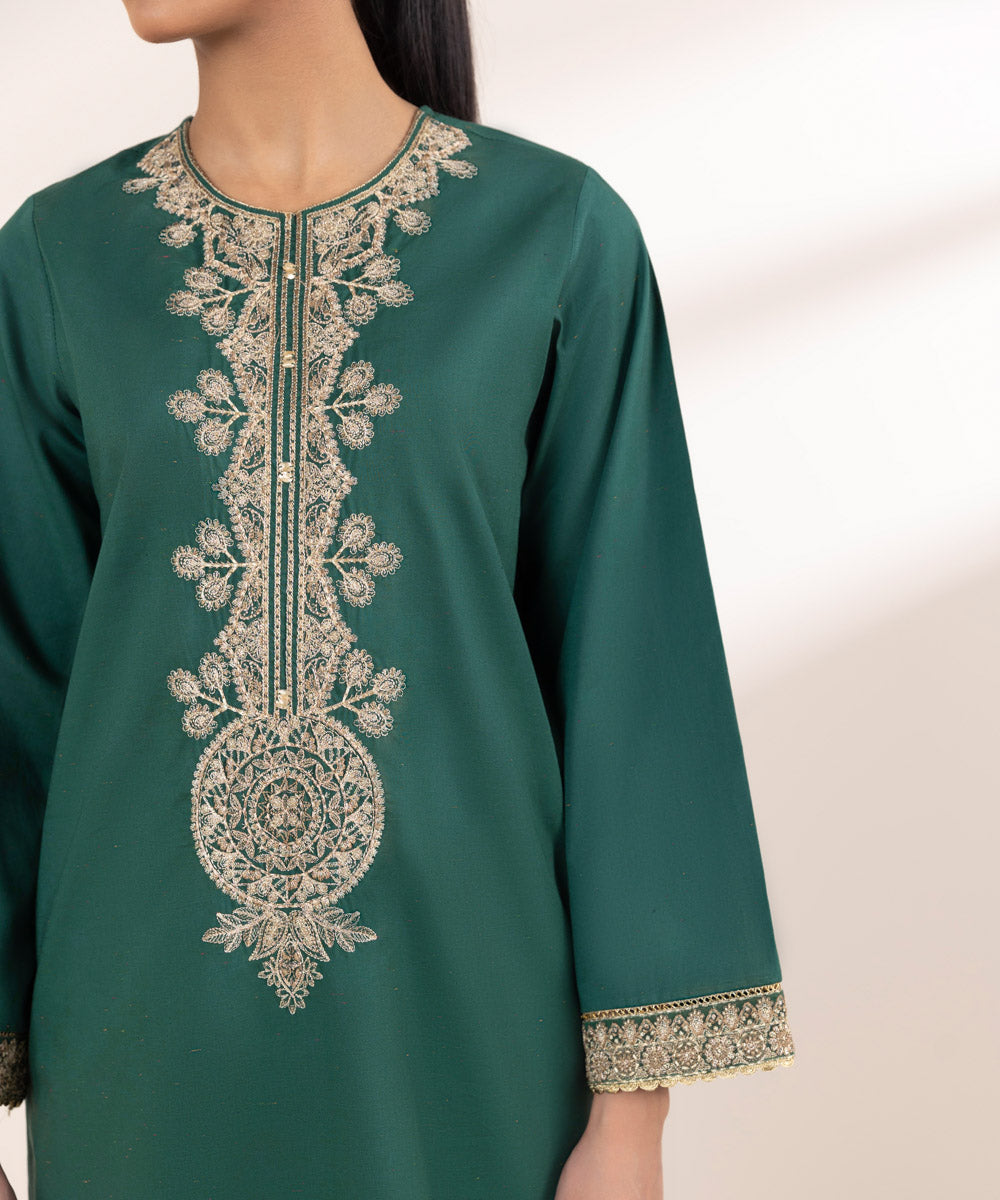 Women's Pret Cross Hatch Green Embroidered A-Line Shirt