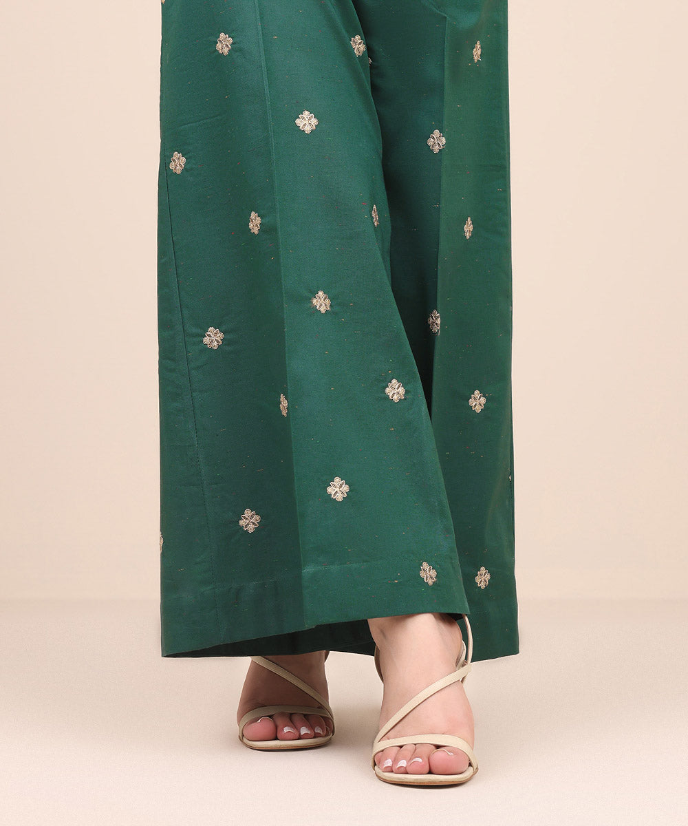 Women's Pret Multi Neps Green Embroidered Flared Pants