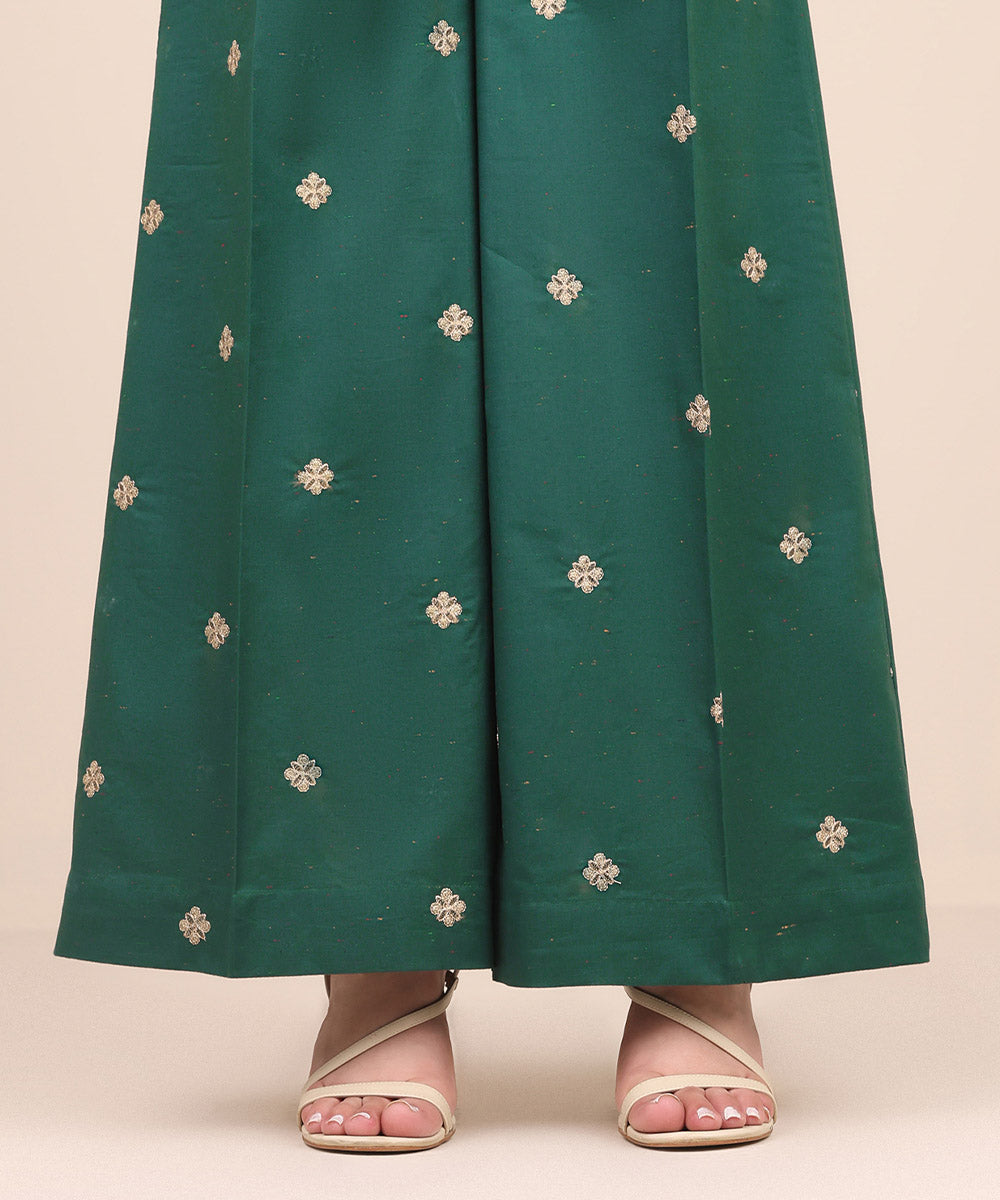 Women's Pret Multi Neps Green Embroidered Flared Pants